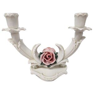 VTG Karl Ens Germany Porcelain 3D Rose Double Arm Candelabra Candle Holder